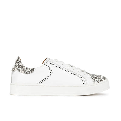 Serena - Black & White & Graphic Print - Women’s Leather Trainer with Brogue Details