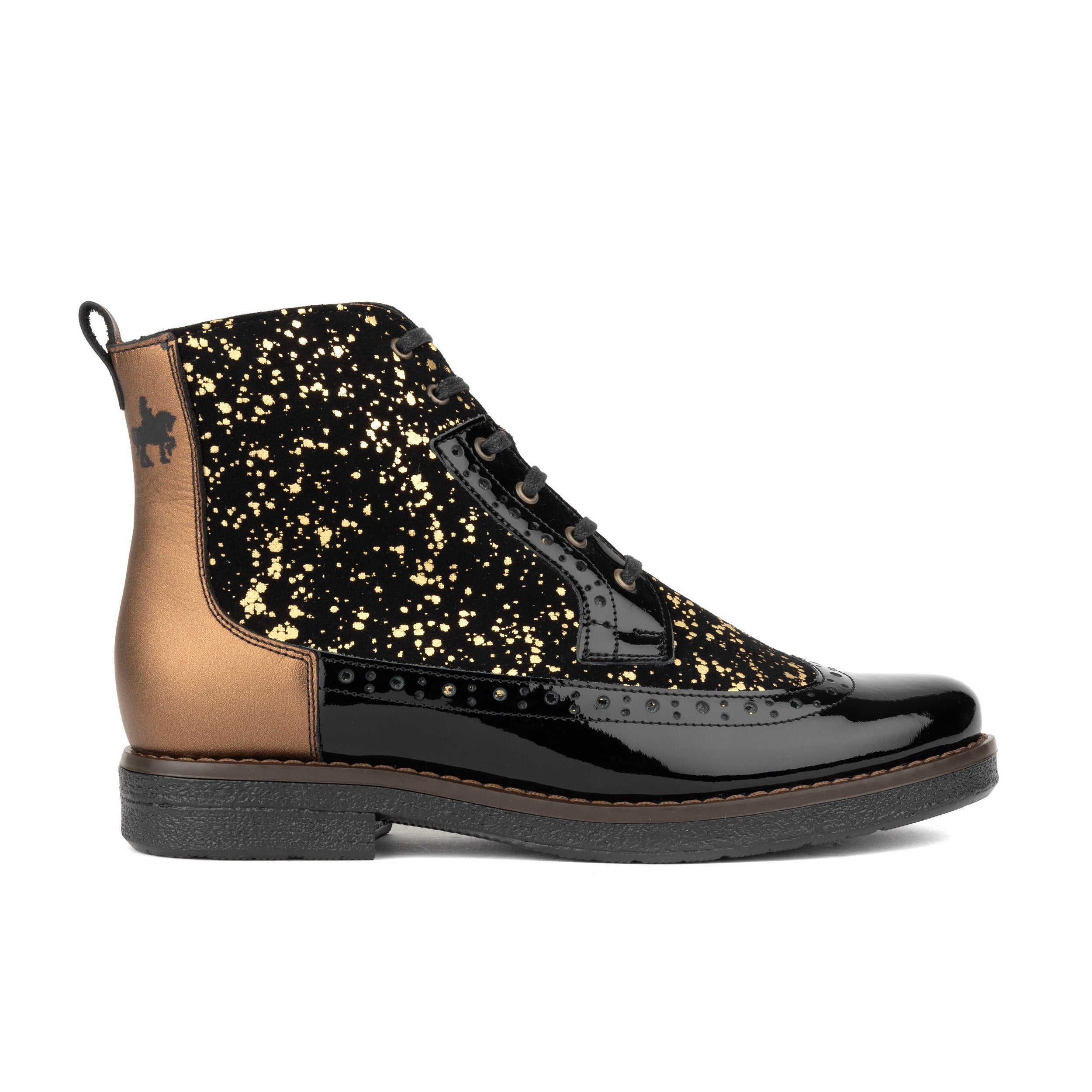 Hatter - Gold Drops - Women's ankle boot in golden paint drops on black leather