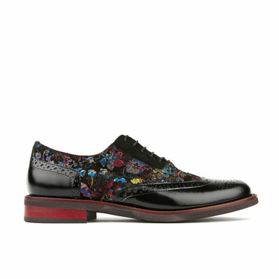 Vivienne - Black Flower - Women's oxford lace-up shoe with brogue details