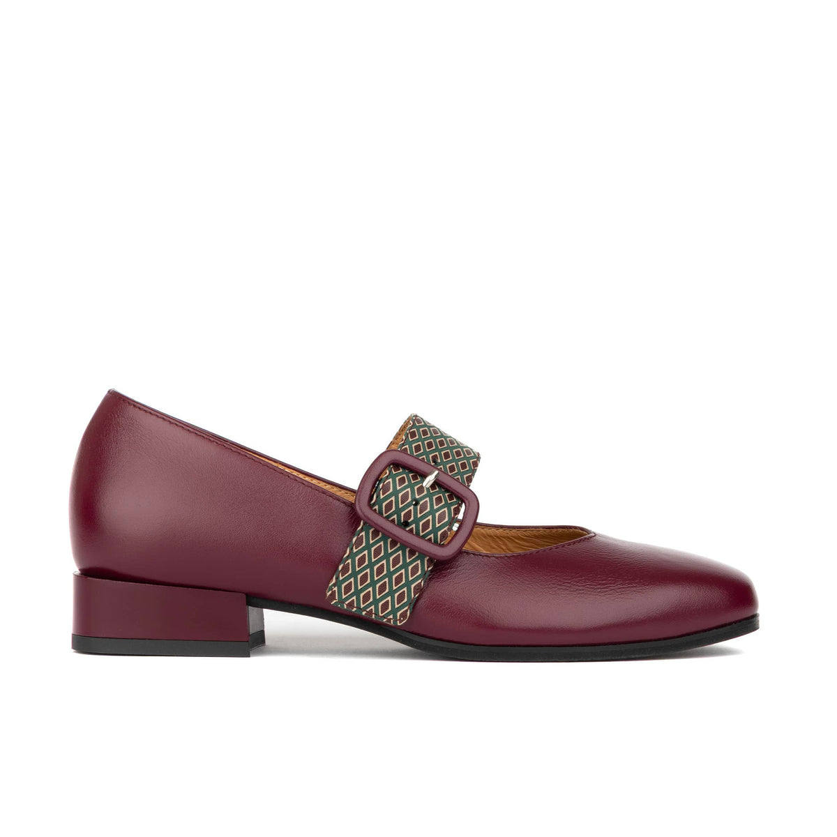 Bliss - Burgundy & Green Diamond - Women's block heel square toe patent leather Mary-Jane
