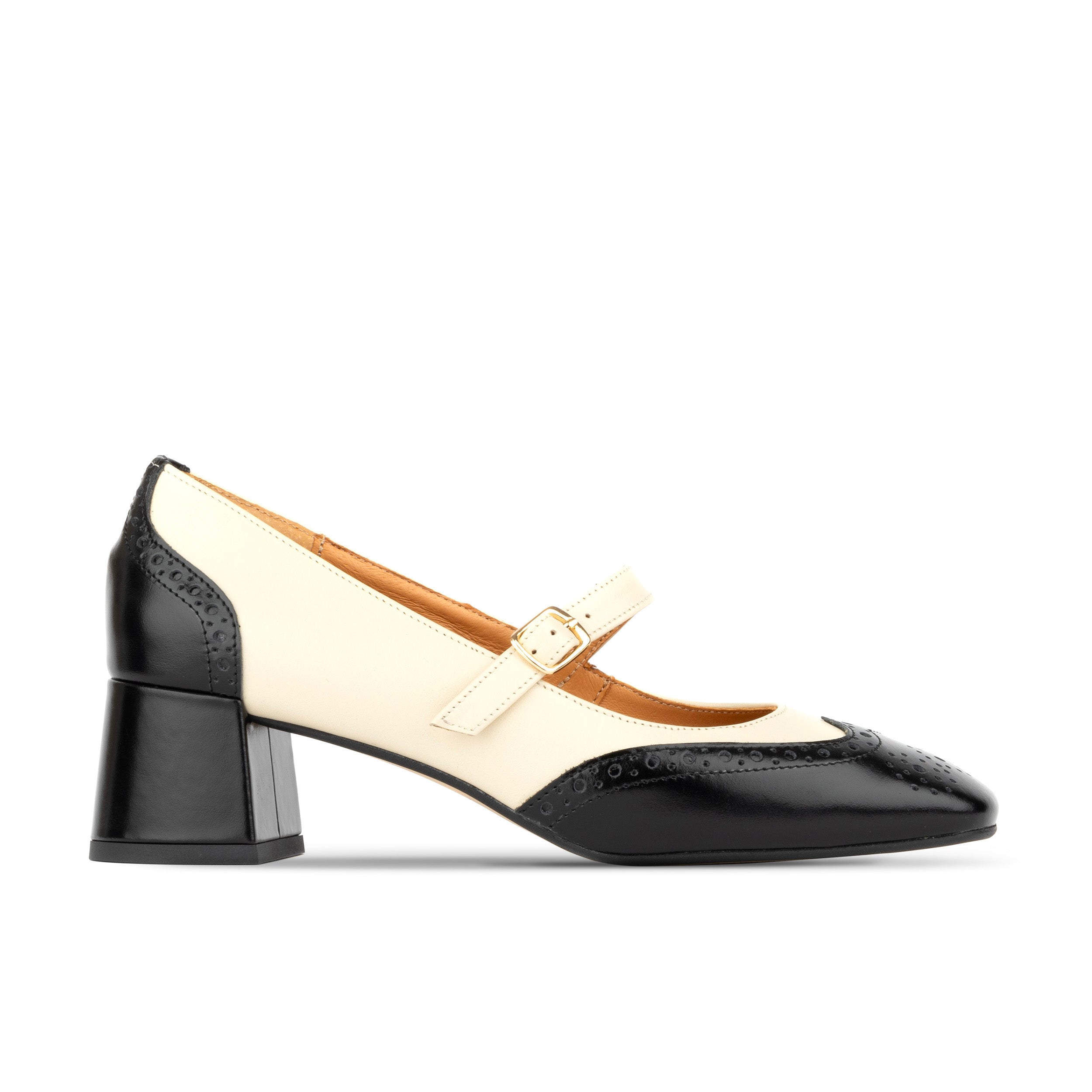 Mary Antoinette - Cream - Women's block heel Mary Jane in cream & black leather