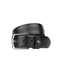 Scott - Black Shine - Men's smooth full-grain black leather belt with broguing