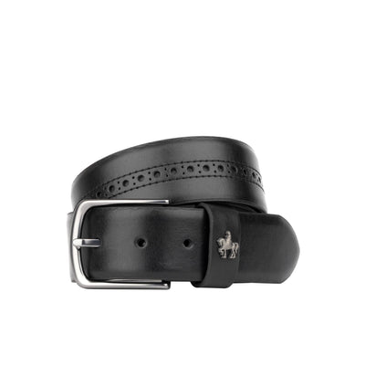 Scott - Black Shine - Men's smooth full-grain black leather belt with broguing