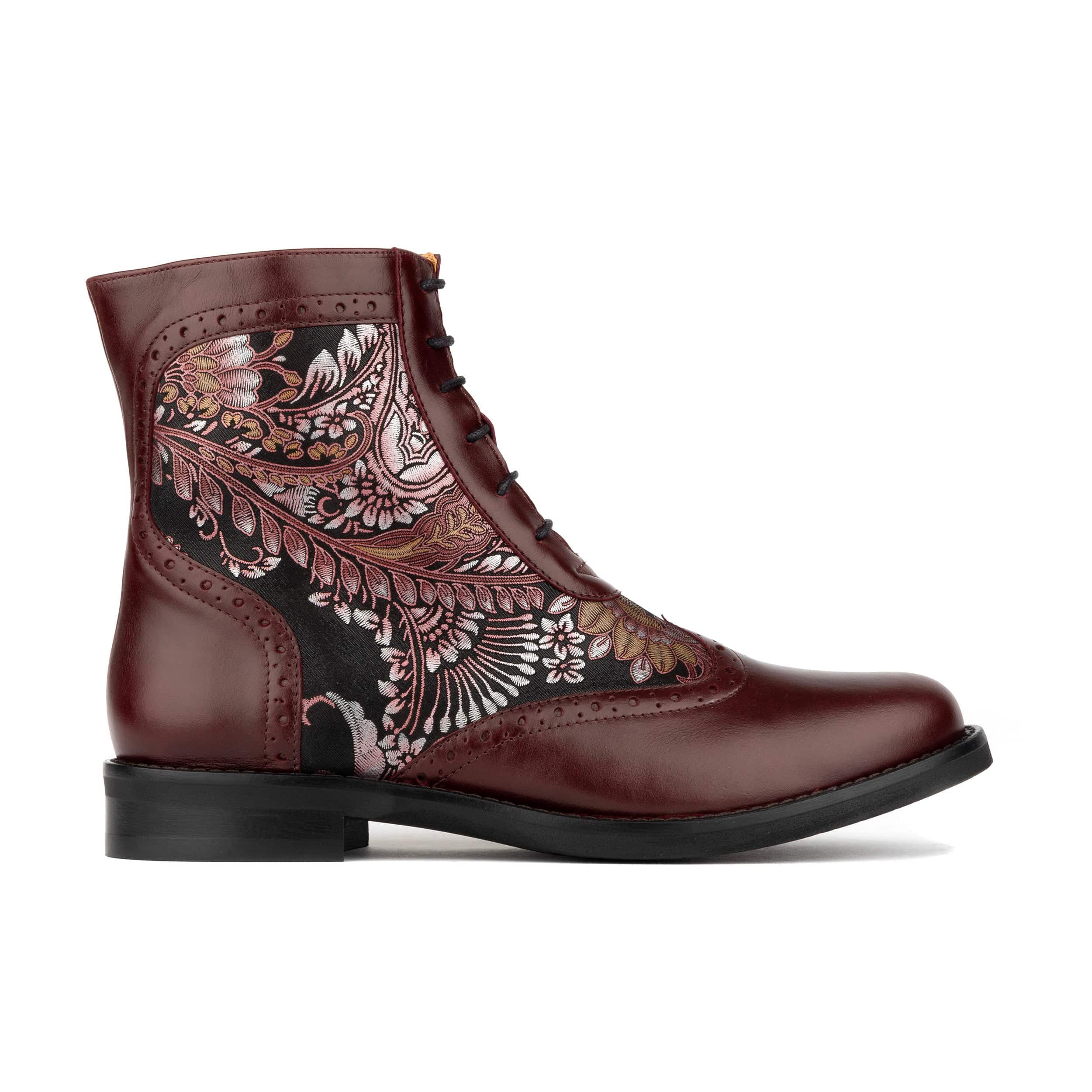 Mantis - Floral & Burgundy - Women's above-the-ankle lace-up boot with brogue & paisley detailing