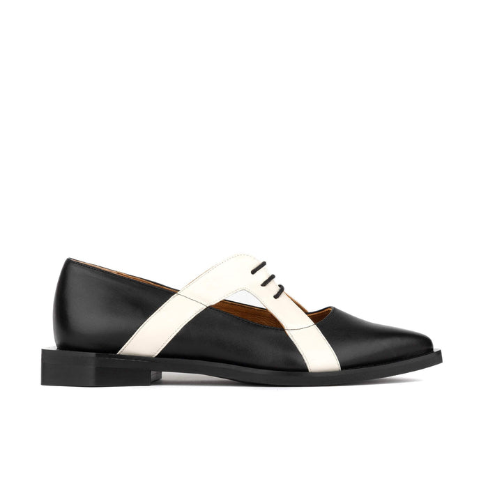 Harlowe - Black & Cream - Women's cutout leather lace up shoe