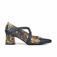 Harlowe High - Navy & Autumn Bloom - Women's leather block heel pumps