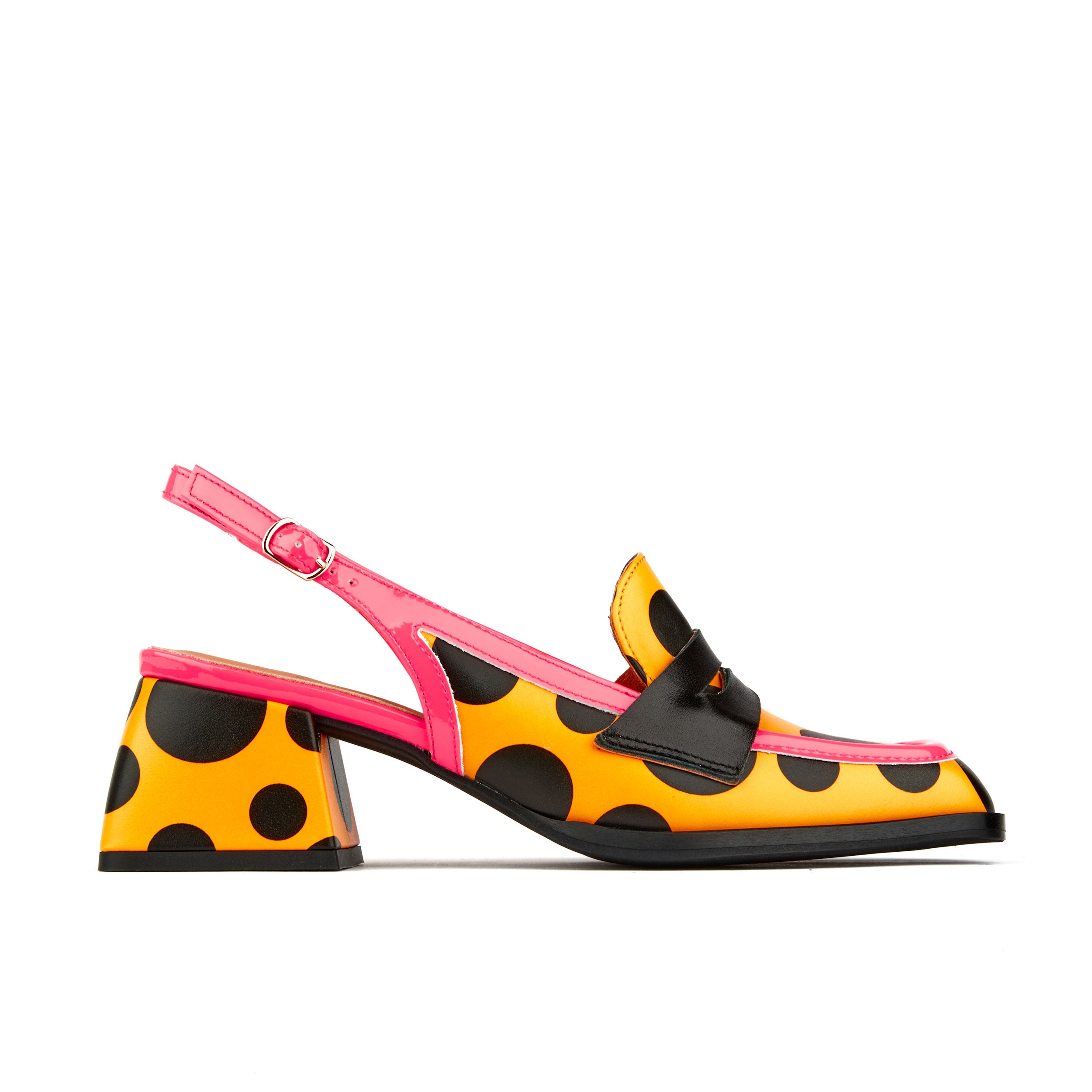 Diana - Black Orange Polka - Women's square closed toe slingback heel in orange polka