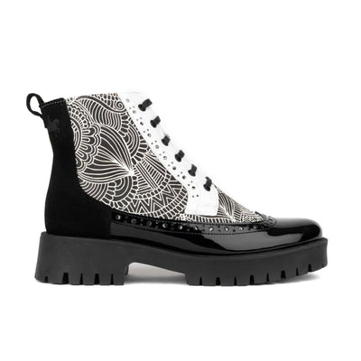 Hatter Platform - Black & White & Graphic Print - Women's Leather ankle Lace-up Boot with chunky cleated sole