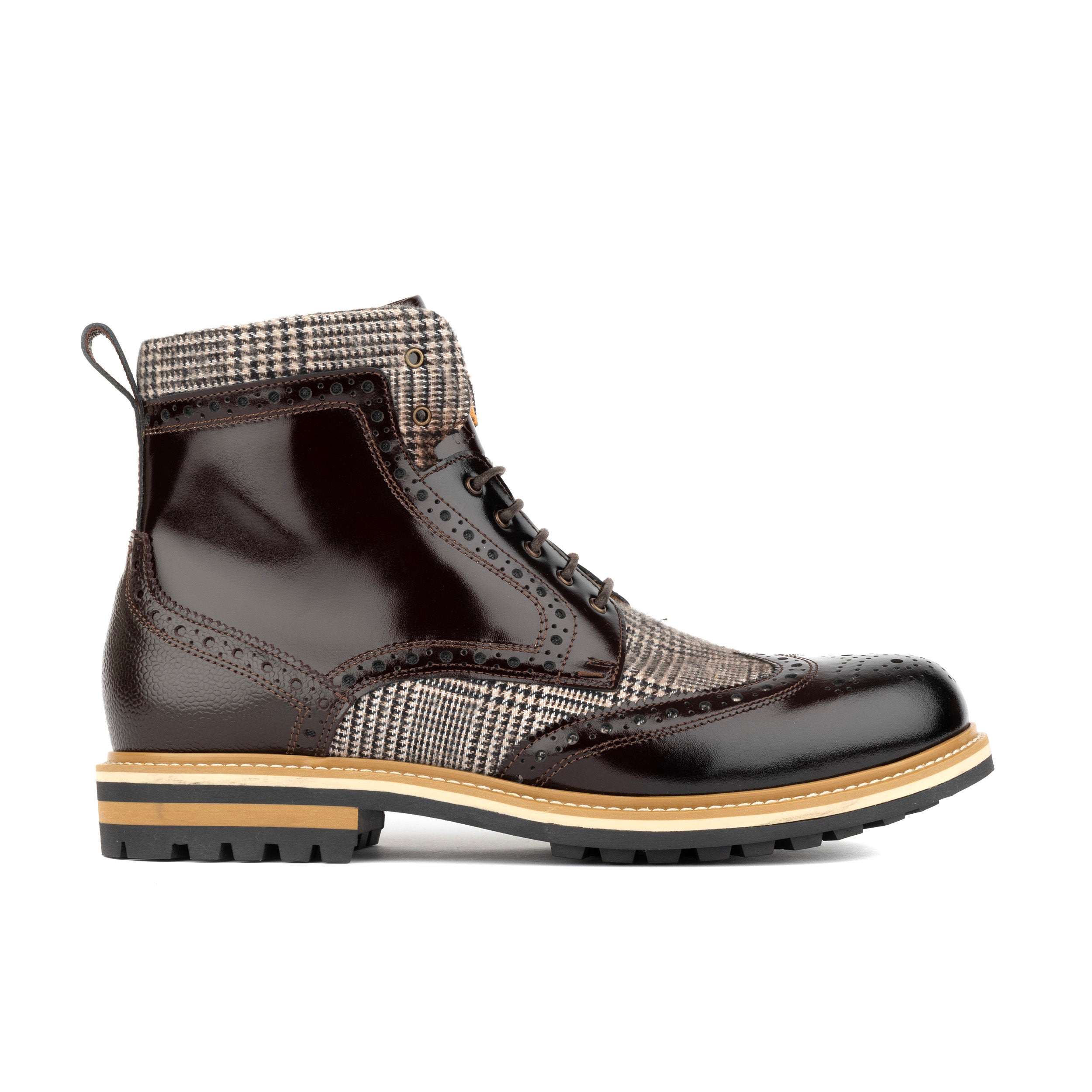 Wanderer - Brown Check - Men's leather combat style side zipper boot in brown