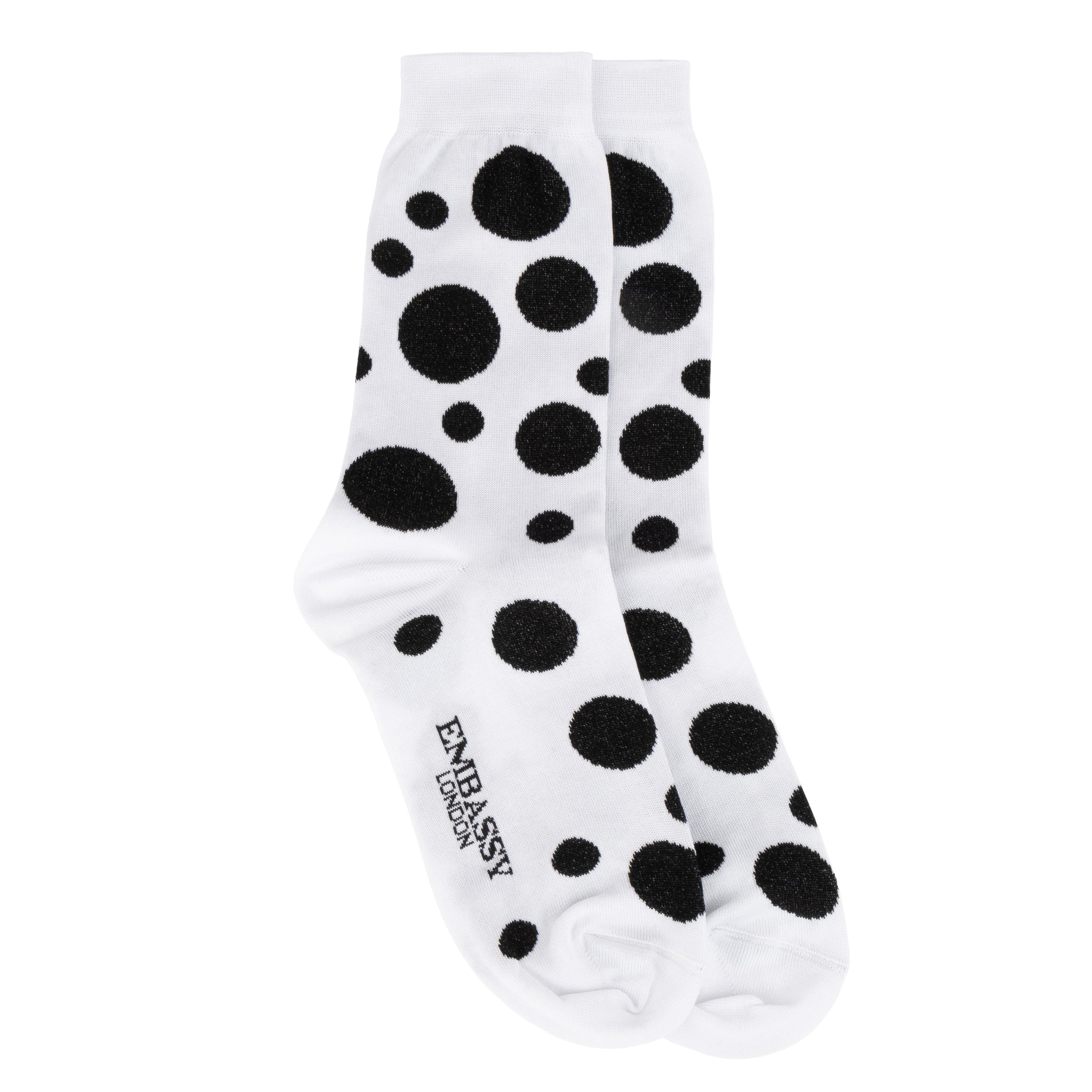 Footloose white black - Women's cotton crew socks UK 3 to 7 in white & black dots