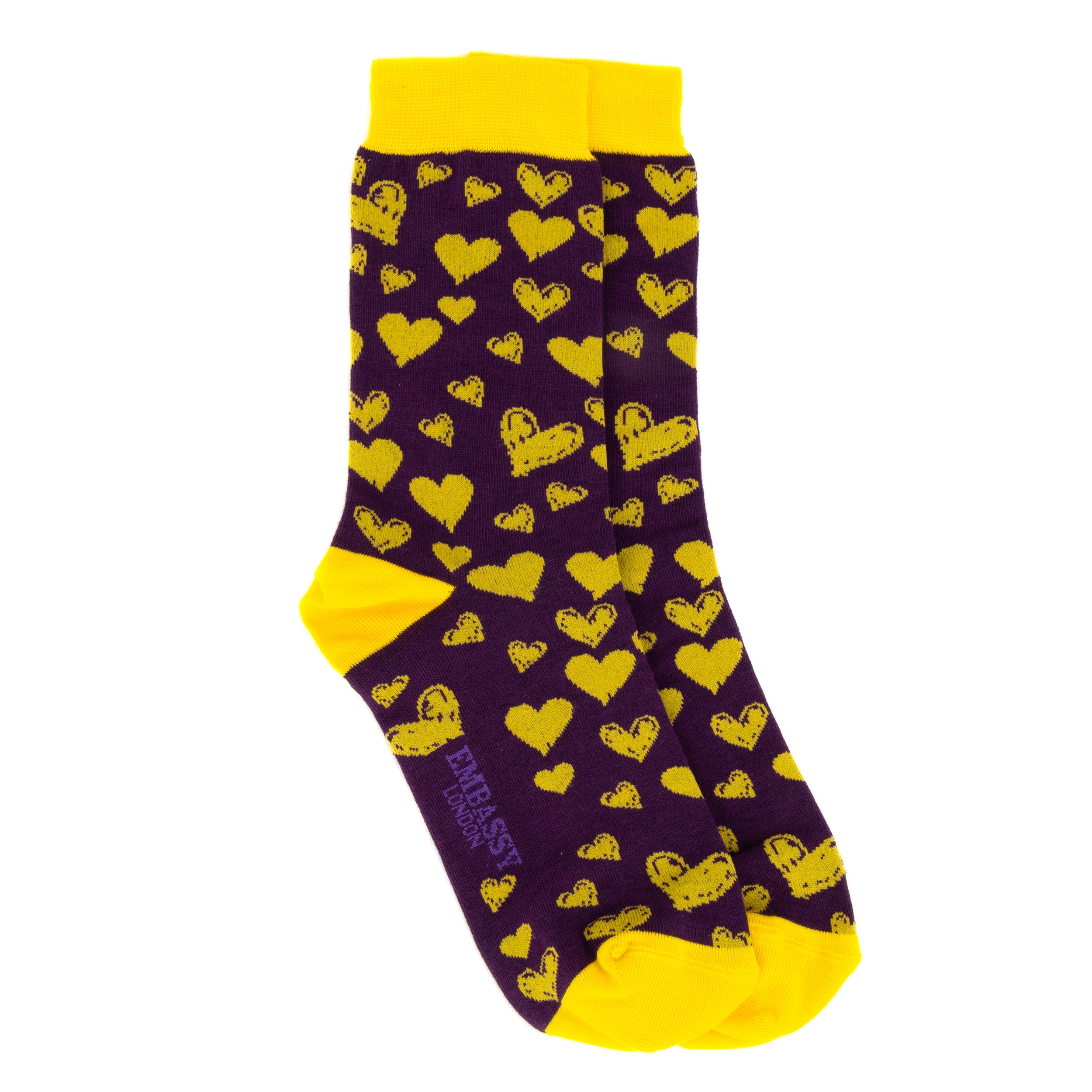 Soulmates purple yellow - Women's cotton crew socks UK 3 to 7 in purple and yellow