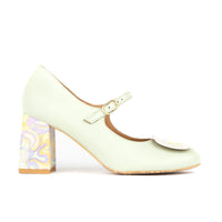 Button - Mint & Multi Pastel Print - Women's Leather Round-toe Mary Jane Pump with Block Heel