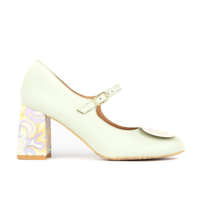 Button - Mint & Multi Pastel Print - Women's Leather Round-toe Mary Jane Pump with Block Heel