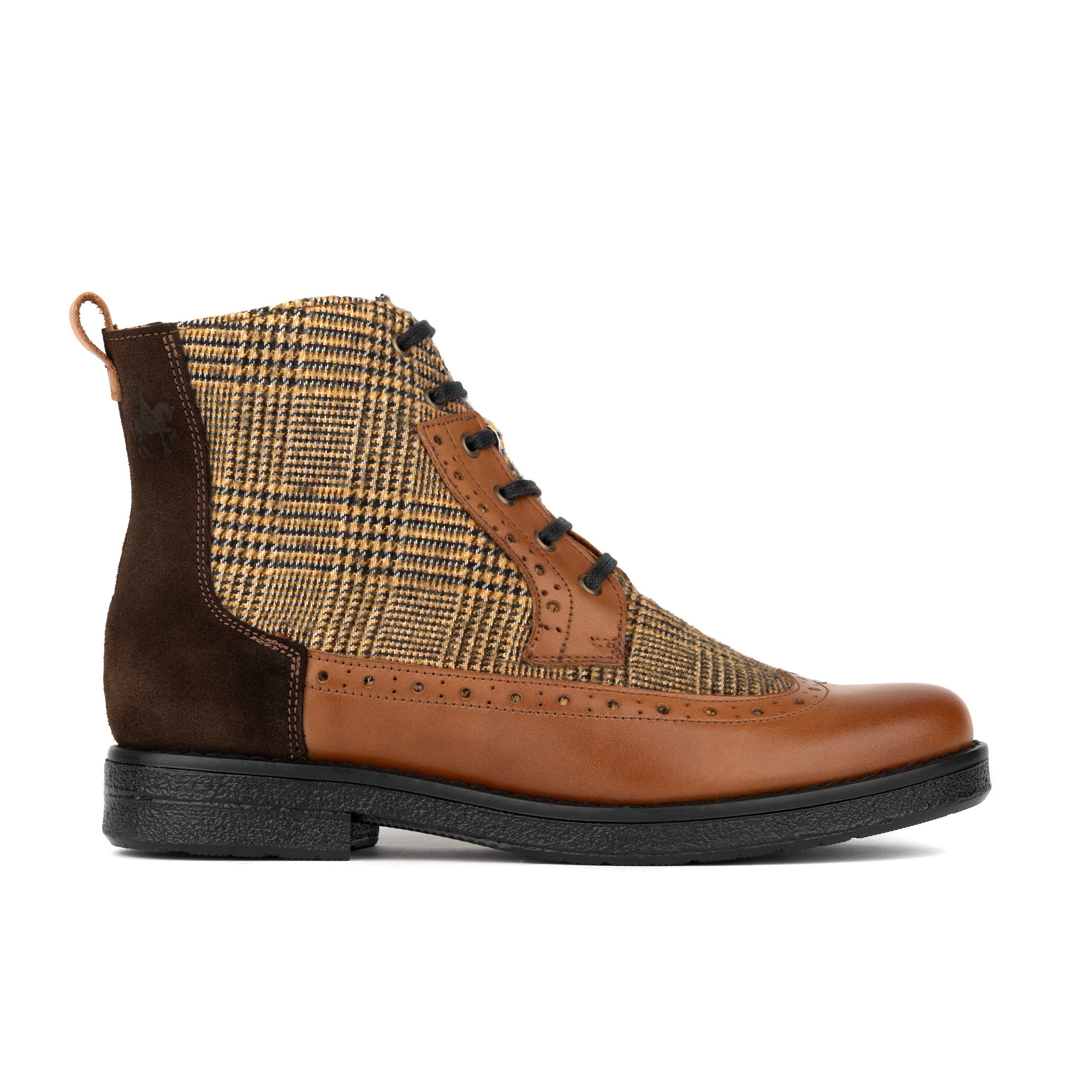 Hatter - Tan & Brown Check - Women's Leather Ankle Lace-up Boot with check details