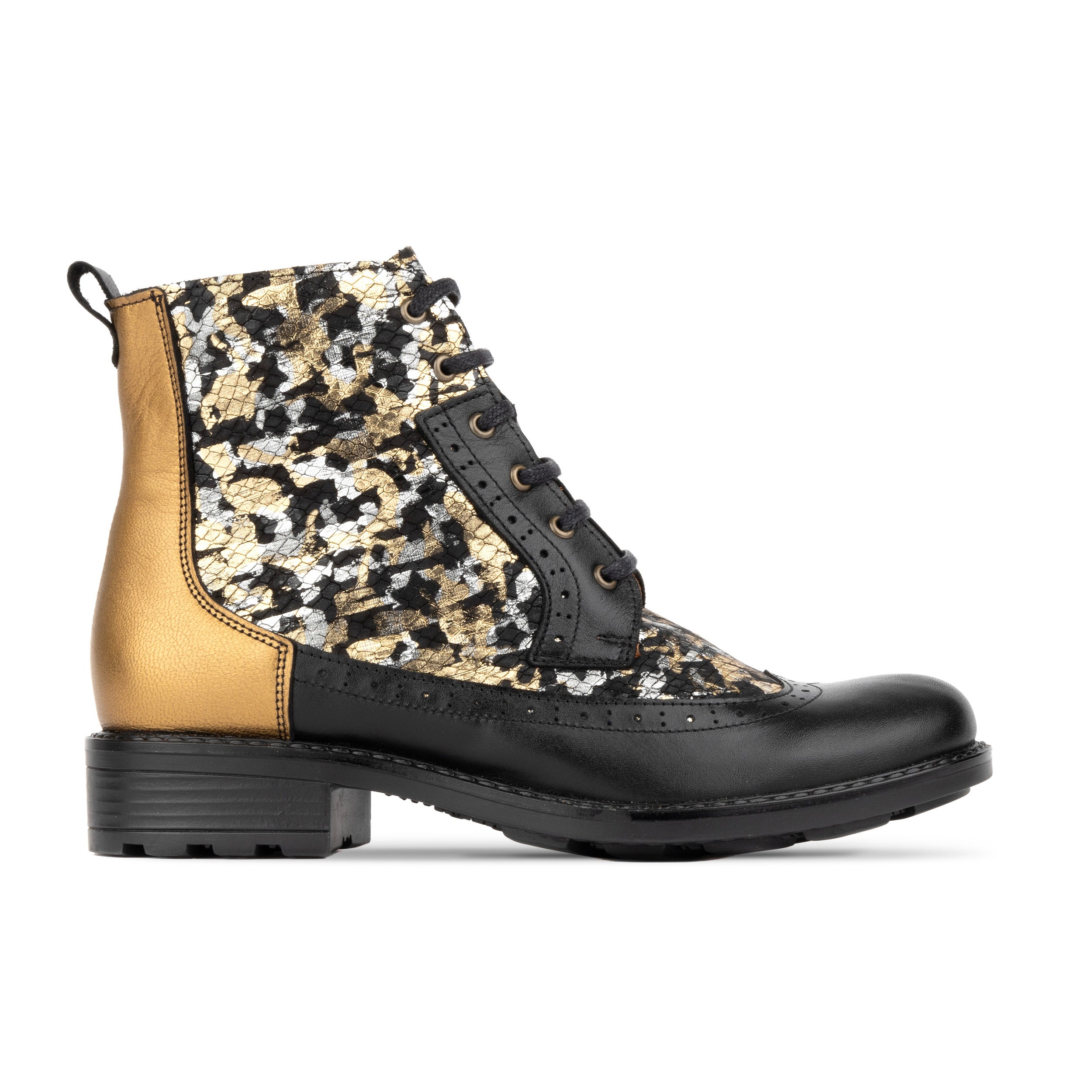 Milliner - Black & Gold - Women's leather round toe side zipper ankle boot in gold