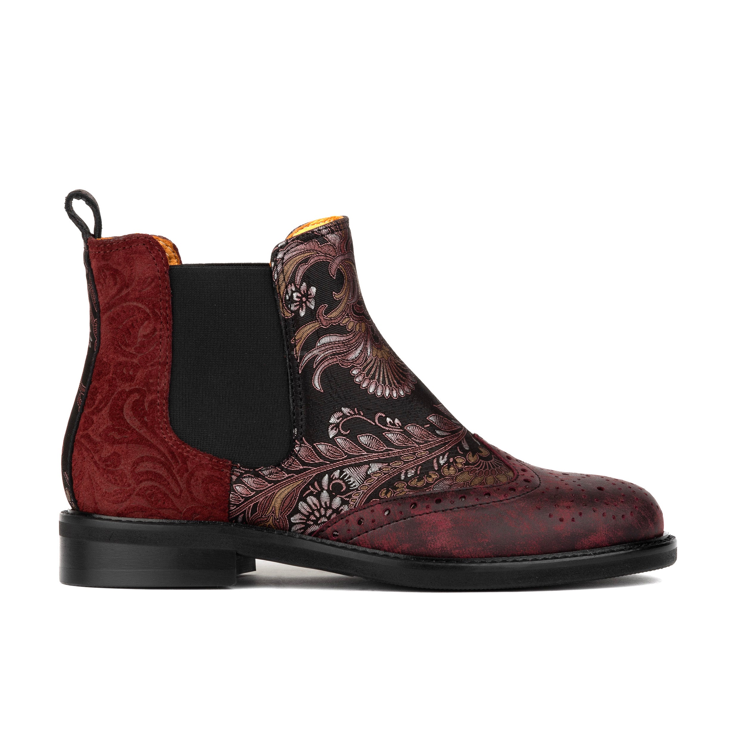Mamacita - Floral & Burgundy - Women's chelsea boot with wingtip brogue detail