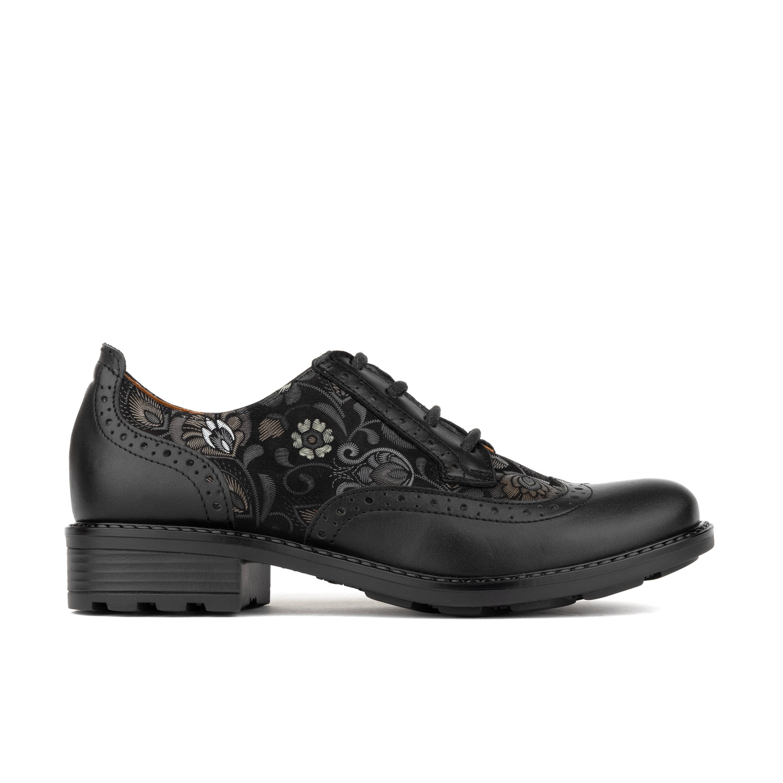 DreamFiters - Black Emboss - Women's round toe leather derby shoe on durable rubber sole