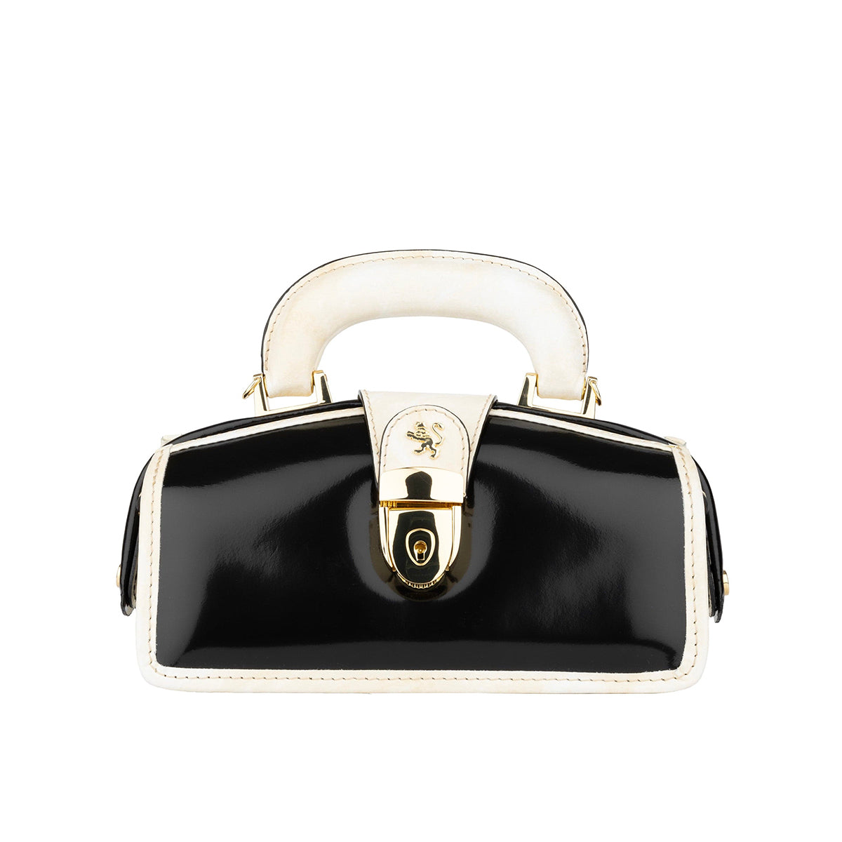 Gazelle Mini - Black & Cream -Women's mini patent clutch bowling bag with handle and strap
