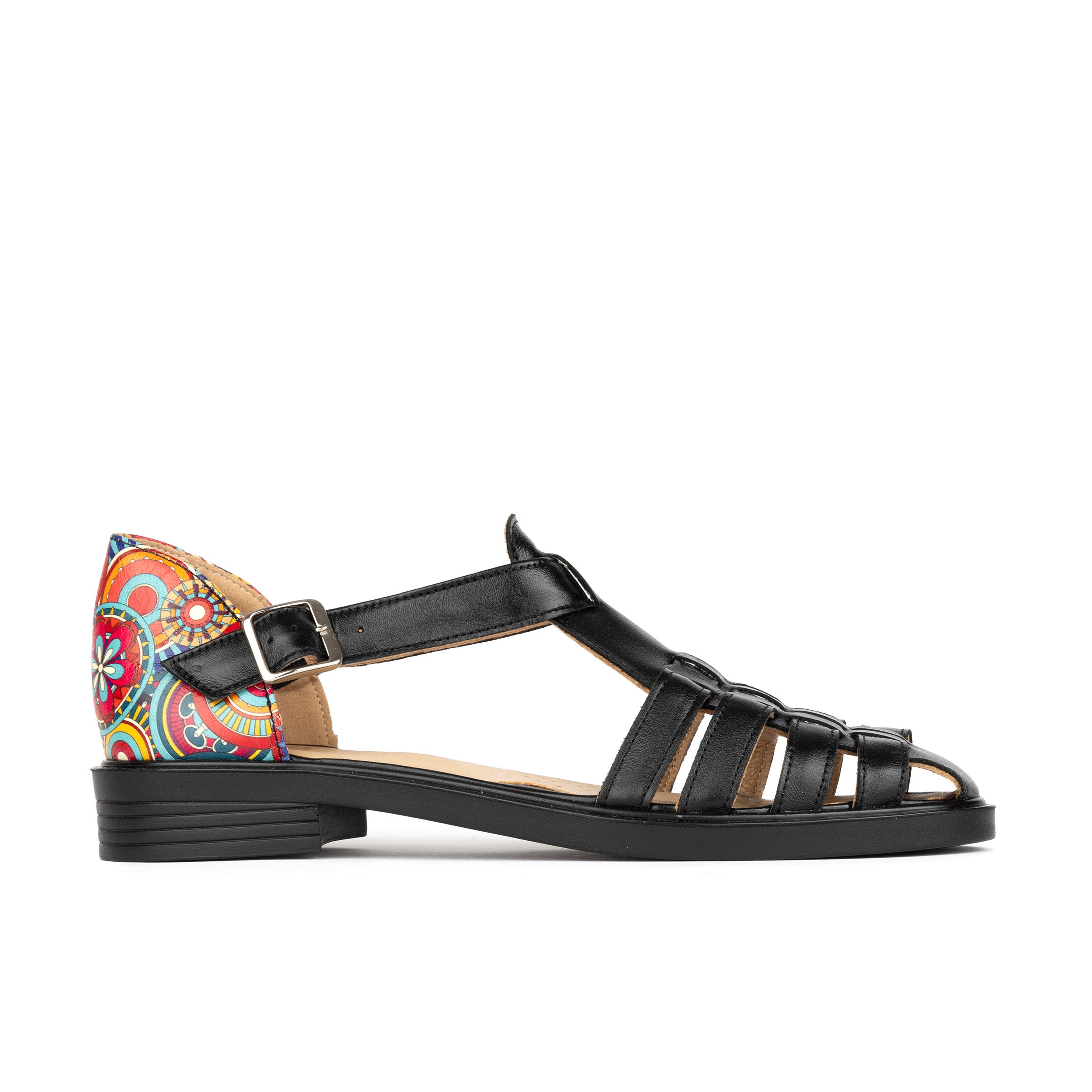 Sandy - Black Signature - Women's fishermen flat leather sandal with covered heel