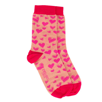 Soulmates - Pink Pink - Women's cotton crew socks UK 3 to 7 in pink hearts