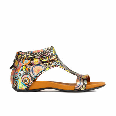 Downtown - Navy & Pink - Women's flat T-bar sandal with covered heel