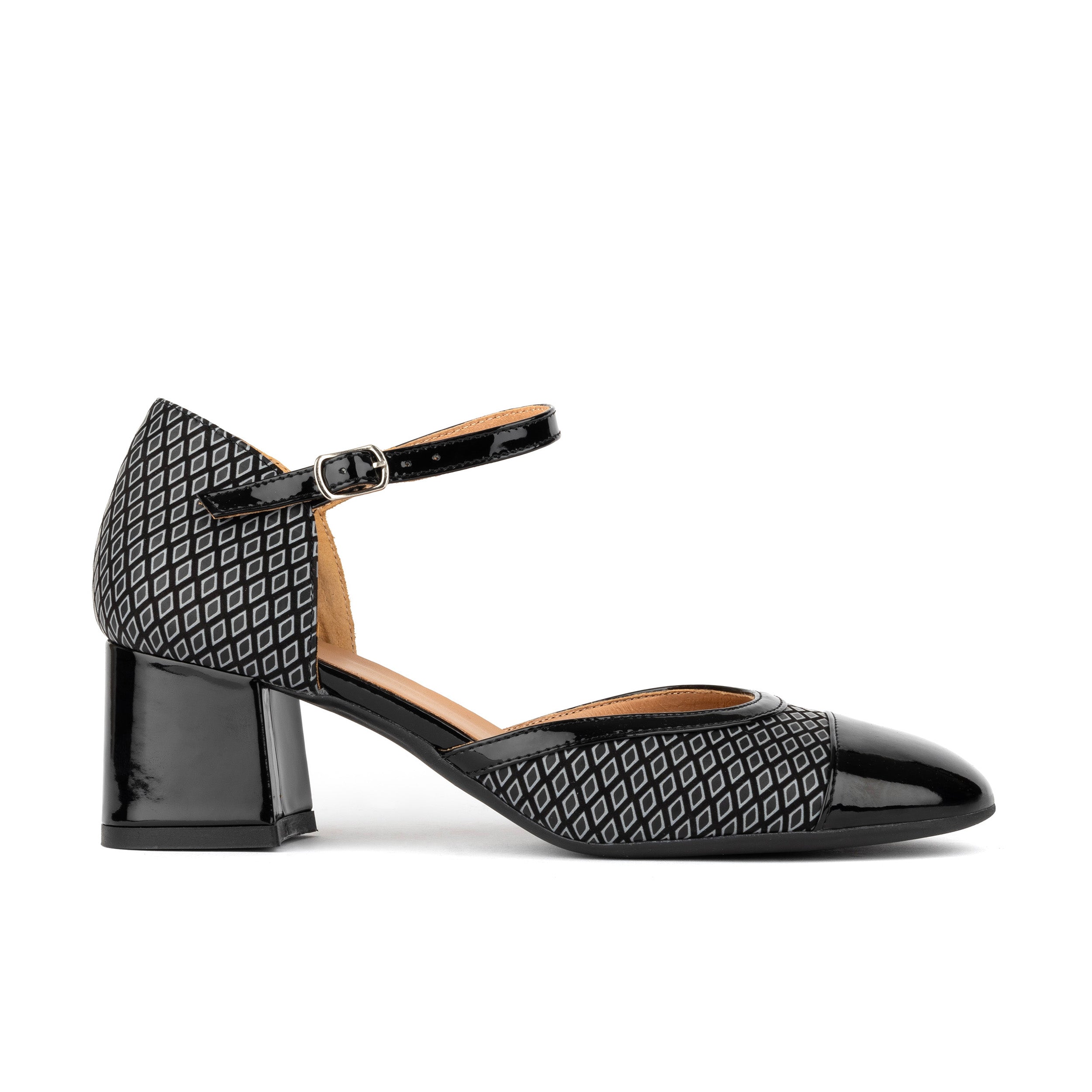 Kemi -  Black & Grey Diamonds - Women's Leather Almond-Toe Block Heel