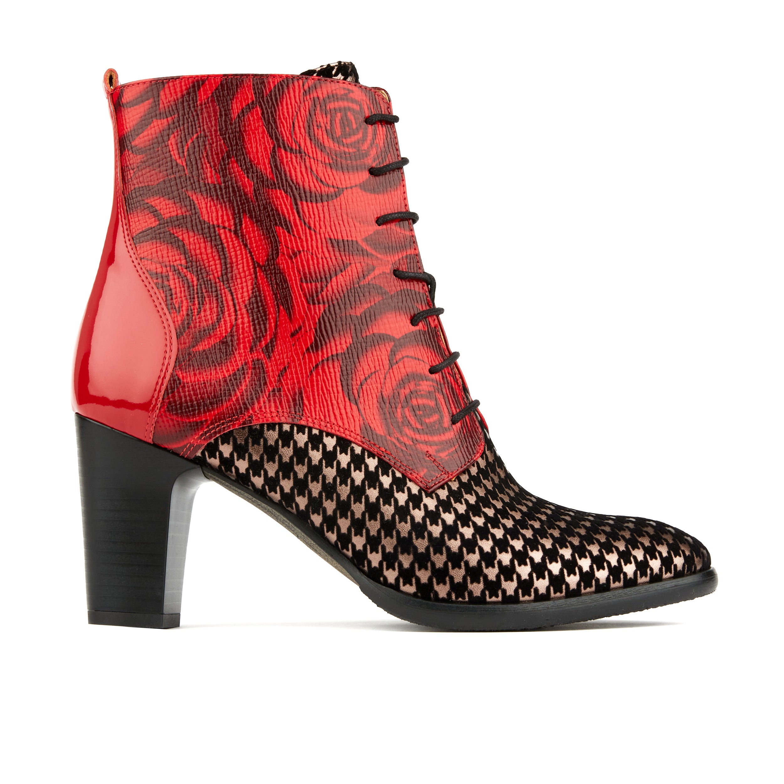 Merlin - Red Houndstooth - Women's block heel higher ankle leather boot in houndstooth