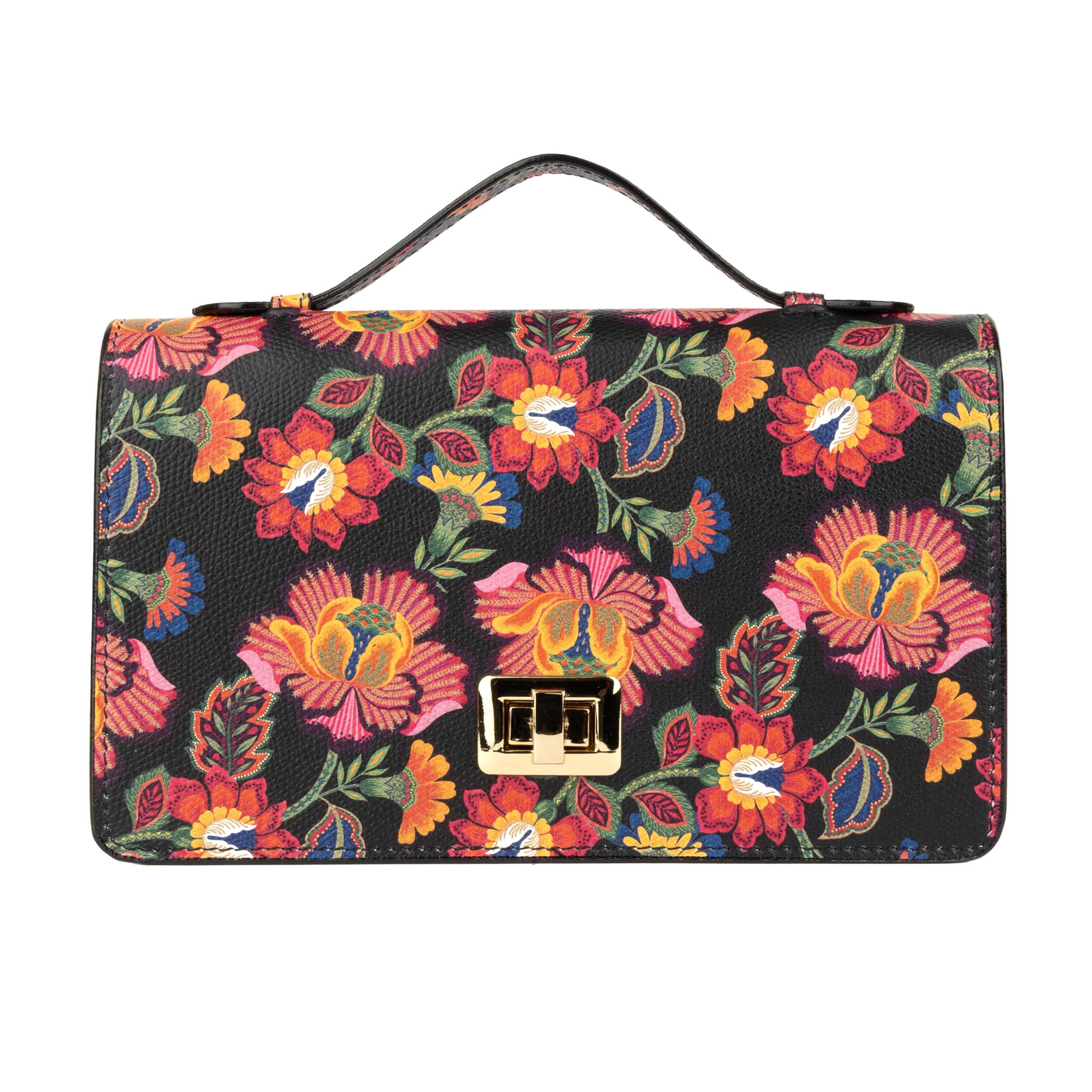 Envy - Red Flowers - Women's leather flap clutch bag with strap