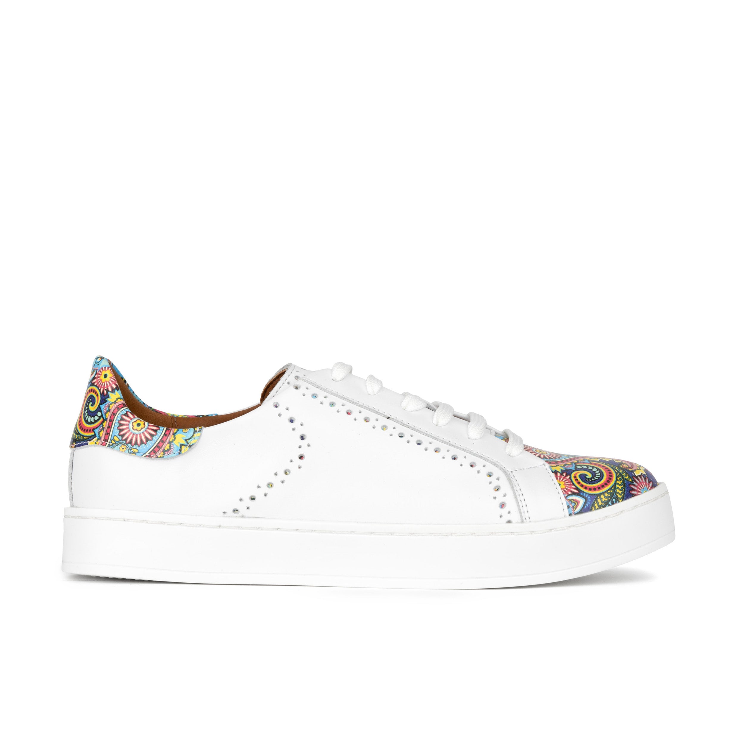 Serena - White & Festival Blue - Women’s Leather Trainer with Brogue Details