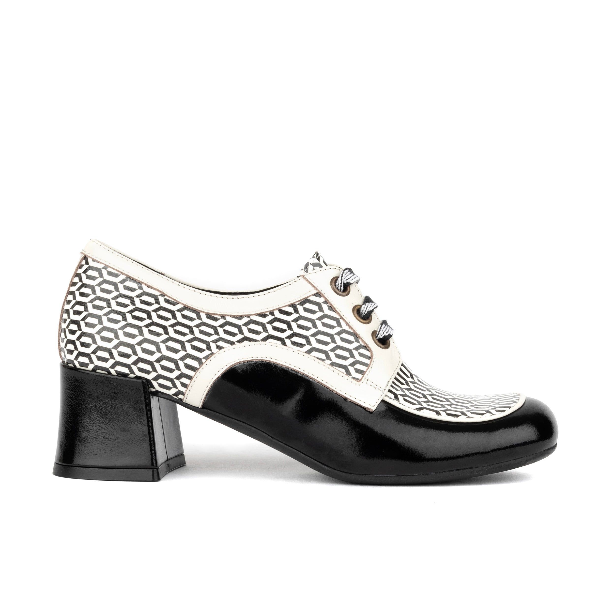 Sovereign - Black & white Optical - Women's leather lace up shoe with block heel