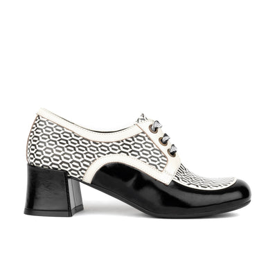 Sovereign - Black & White Optical - Women's leather lace up shoe with block heel