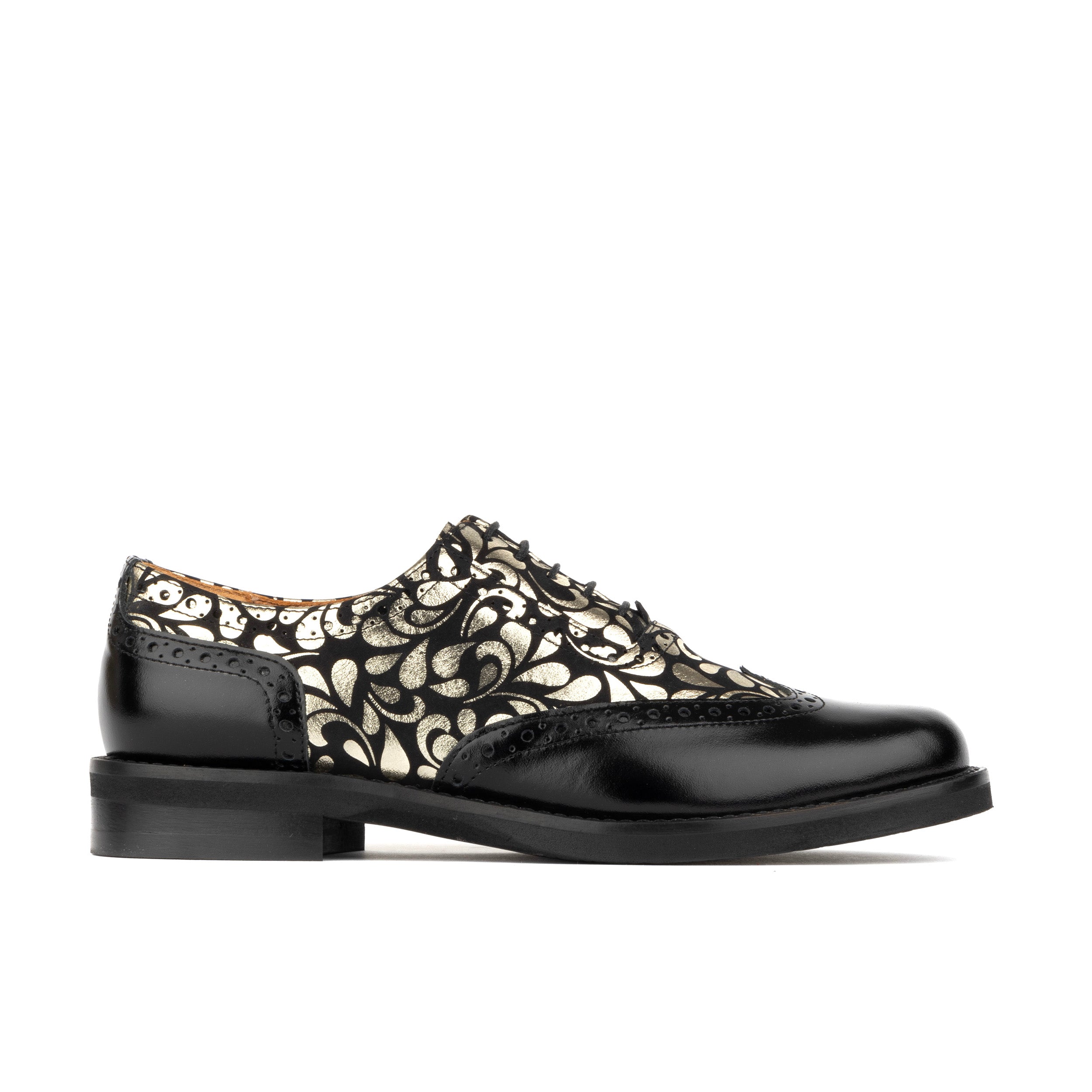 Vivienne - Black & Petals - Women's leather oxford shoe with wingtip and brogue details