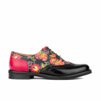 Vivienne - Black & Red Flowers - Women's oxford lace-up shoe with brogue details