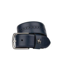 Scott - Navy - Men's smooth full-grain navy leather belt with brogue style
