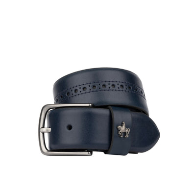 Scott - Navy - Men's smooth full-grain navy leather belt with brogue style