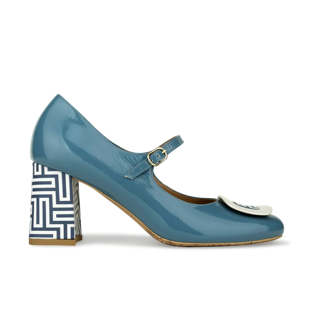 Button - Light Blue & Maze Print - Women's Leather Round-toe Mary Jane Pump with Block Heel