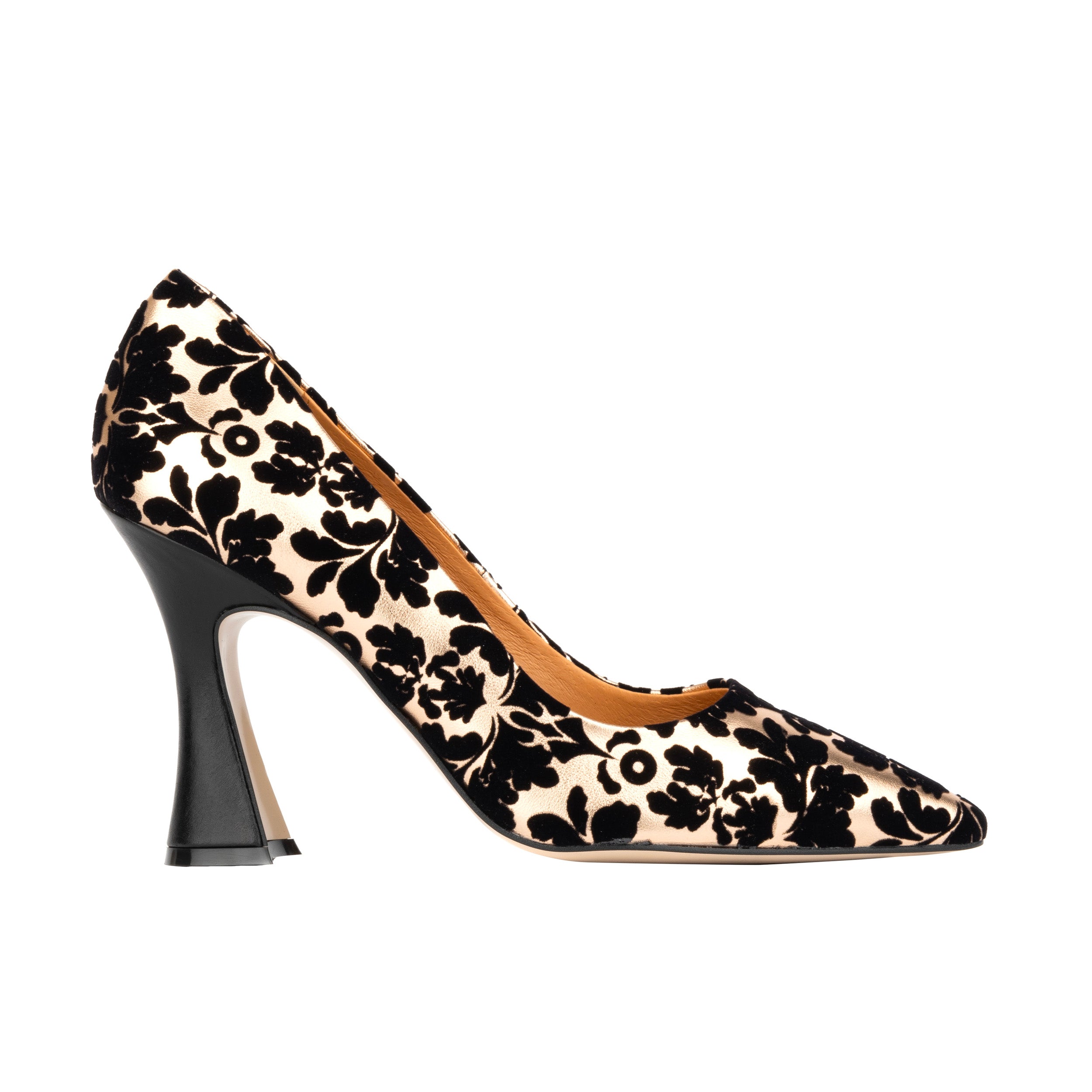 Emily - Black Rose Gold - Women's pointed toe heel in rose gold pattern leather