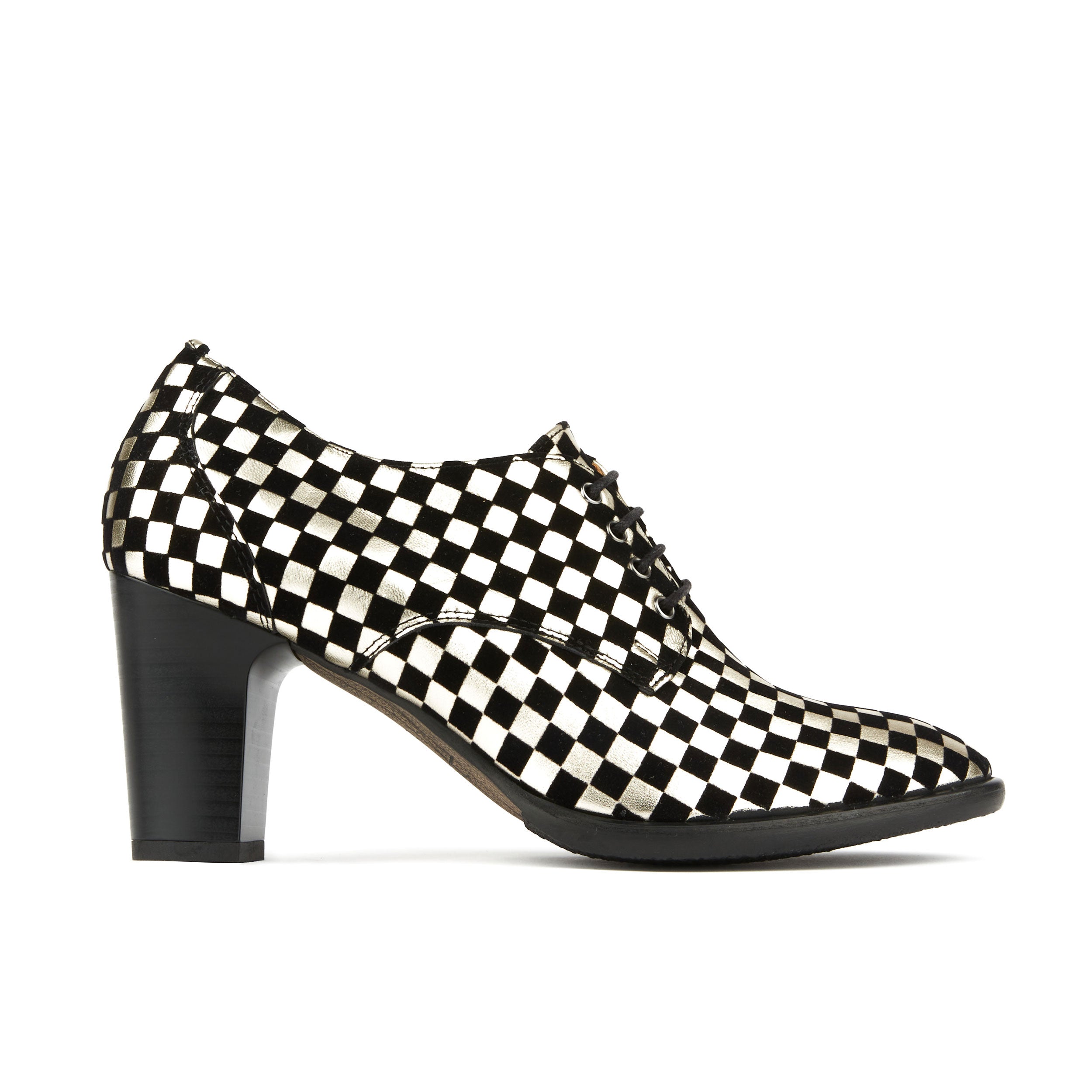 Roulette - Silver Check - Women's 3 inch block heel leather oxford pump check pattern