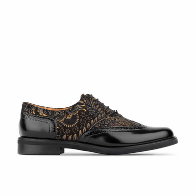 Vivienne - Black & Gold - Women's oxford lace-up shoe with brogue details