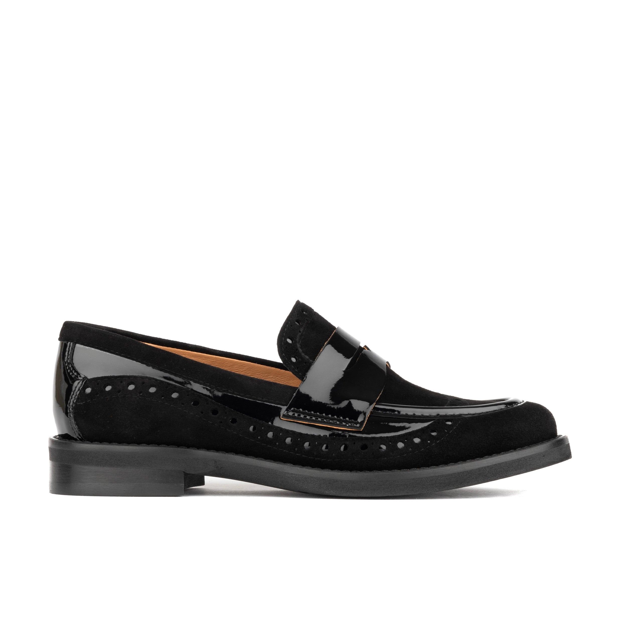 Angelina - Black - Women's leather almond toe penny loafer with broguing