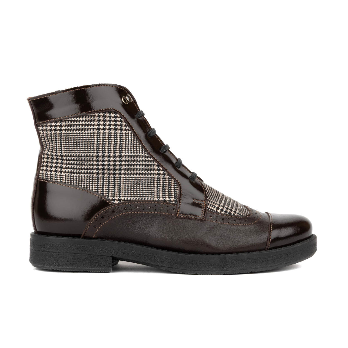 Modiste - Brown & Brown Check - Women's Leather & Tweed Check Lace-Up Ankle Boots