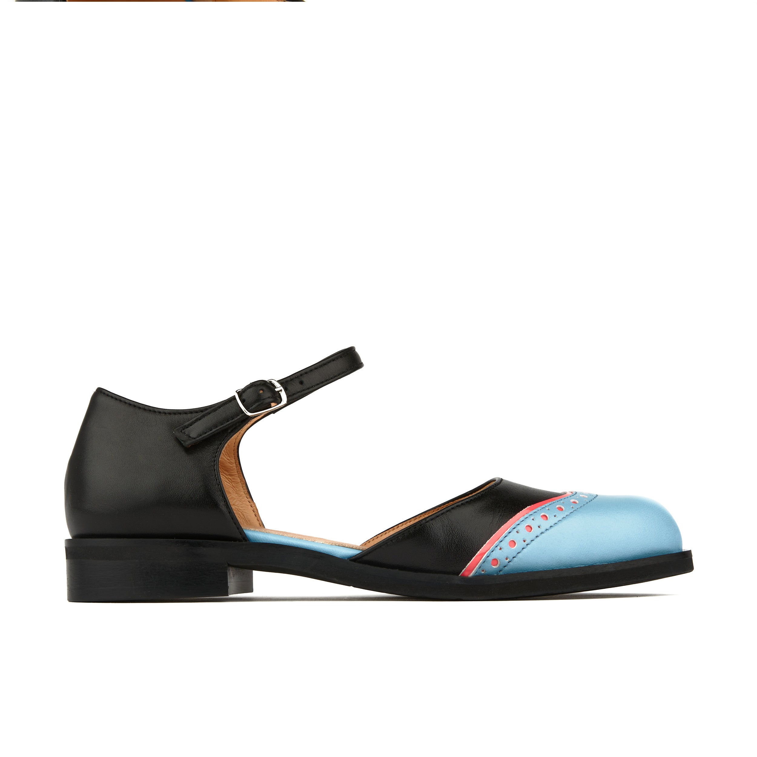 Gigot - Black & Aqua - Women's closed heel and round toe leather flat sandal