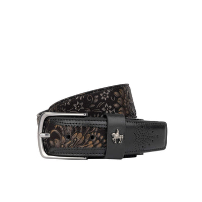 Alec - Black Gold - Men's quality leather belt with dark silver metal buckle