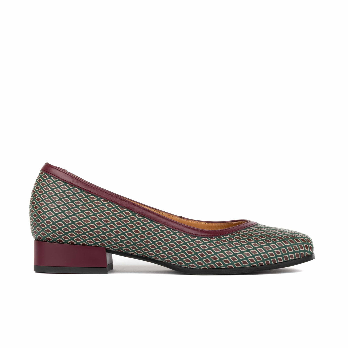 Nirvana - Burgundy & Green Diamond - Womens leather block heel ballerina pumps
