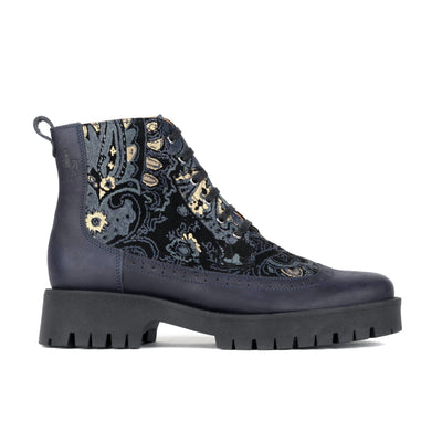 Hatter Platform - Matt Blue & Grey & Gold - Women's Leather ankle Lace-up Boot with chunky cleated sole
