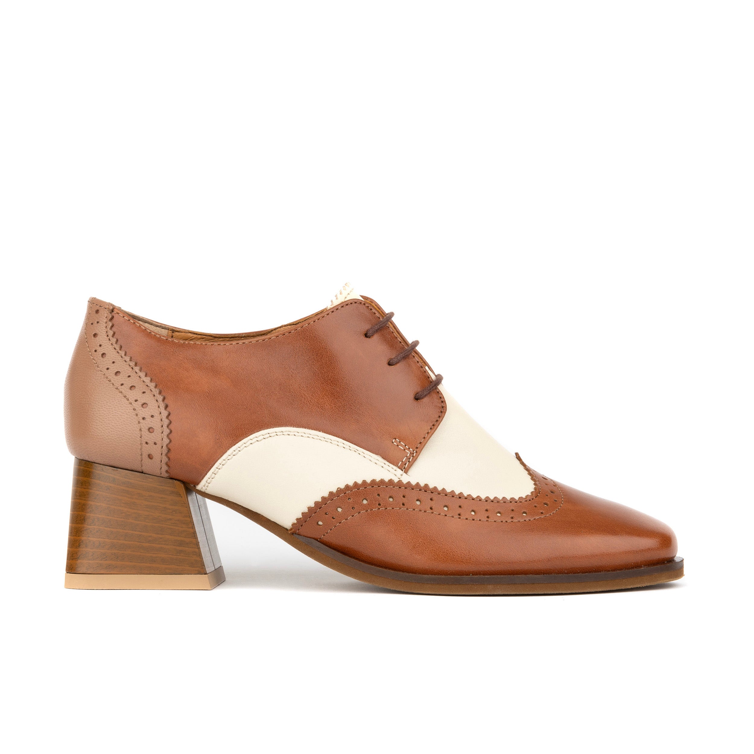 Ziggy - Brown & Cream - Women’s Leather Lace-up Brogue Heel
