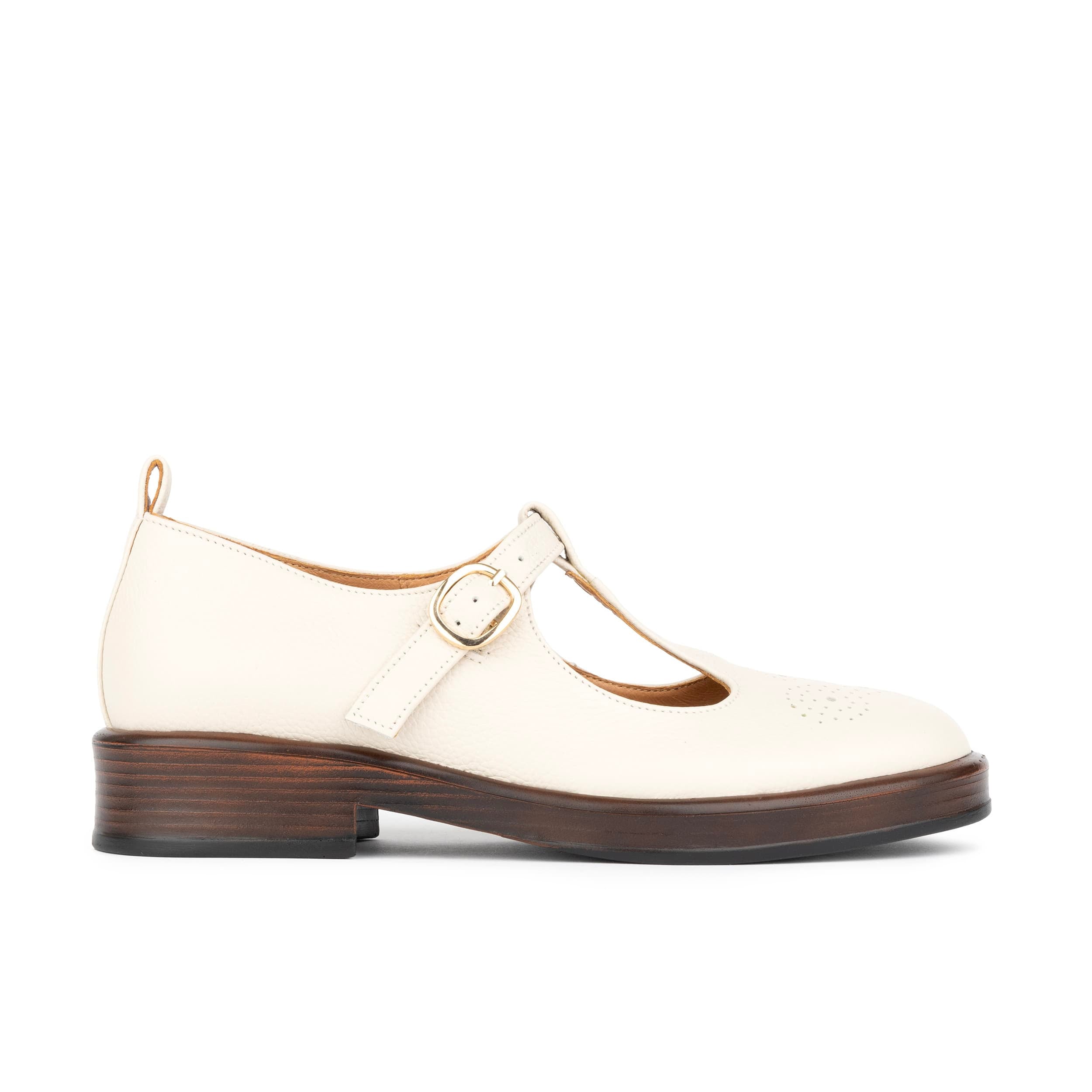 Bloom - Cream - Women's Textured Leather T-Bar Shoe with Brogue Detail