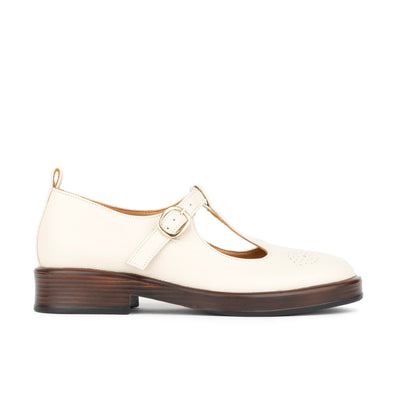 Bloom - Cream - Women's Textured Leather T-Bar Shoe with Brogue Detail
