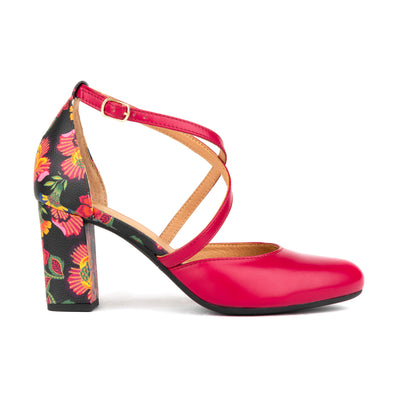 Kylie - Pink & Red Flowers - Women's leather strappy 3 inch block heel