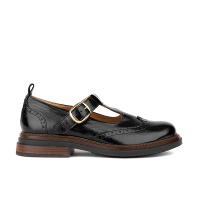 Miley - Black Women's Leather T-Bar Brogue Shoes